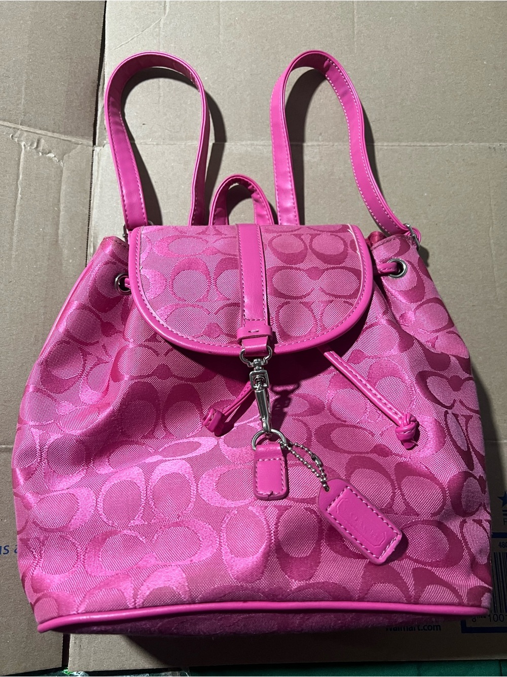 Coach Y2K vintage fuchsia signature drawstring backpack silver hardware